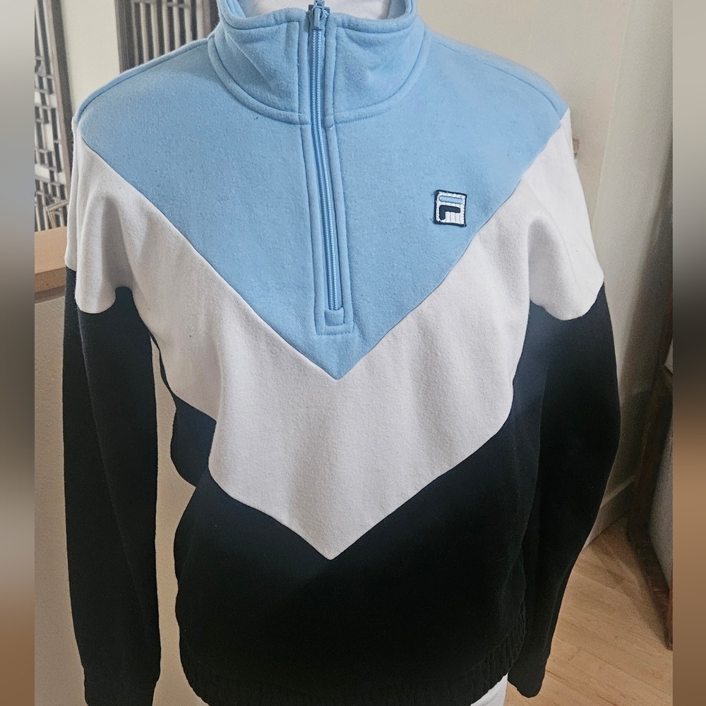 Fila Sport Blue Black & White Chevron 1/4 Zip Sweatshirt Sweater Wmn's M Comfy - Picture 3 of 9